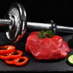 meat, dumbbell, cucumber, pepper, food, muscles, exercises, dumbbells, strengthening, training, fitness, lunch, sport, vegetables, muscular, weight, health, weight loss, diet, still life, active, foods, red, healthy, weight loss, weight loss, weight loss, weight loss, weight loss